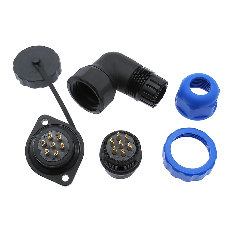 SP20 IP68 waterproof connector 2 hole flange socket 2/3/4/5/6/7/8/9/12/14Pin 90 degree elbow angle connectors