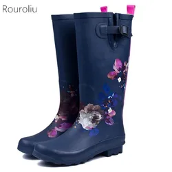 Rouroliu Women Fashion Navy Blue Floral Buckle Rainboots Waterproof Water Shoes Comfortable Non-Slip Tall Rain Boots Woman RB73