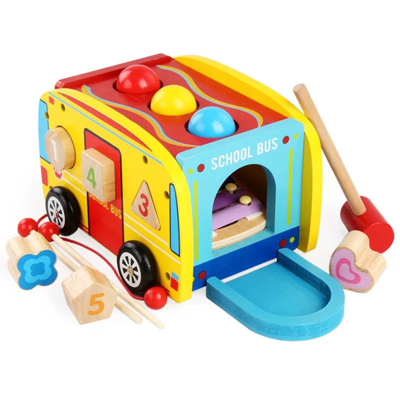 Kids Montessori Educatioanl Wooden Toy For Children Drag School Bus Beat Knock Balls Matching Shape Eight Piano Toddlers Toy