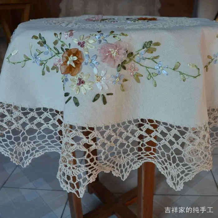 Free shipping tablecltoh round table cover ribbon embroidered round  american vintage home decoration rustic table overlay