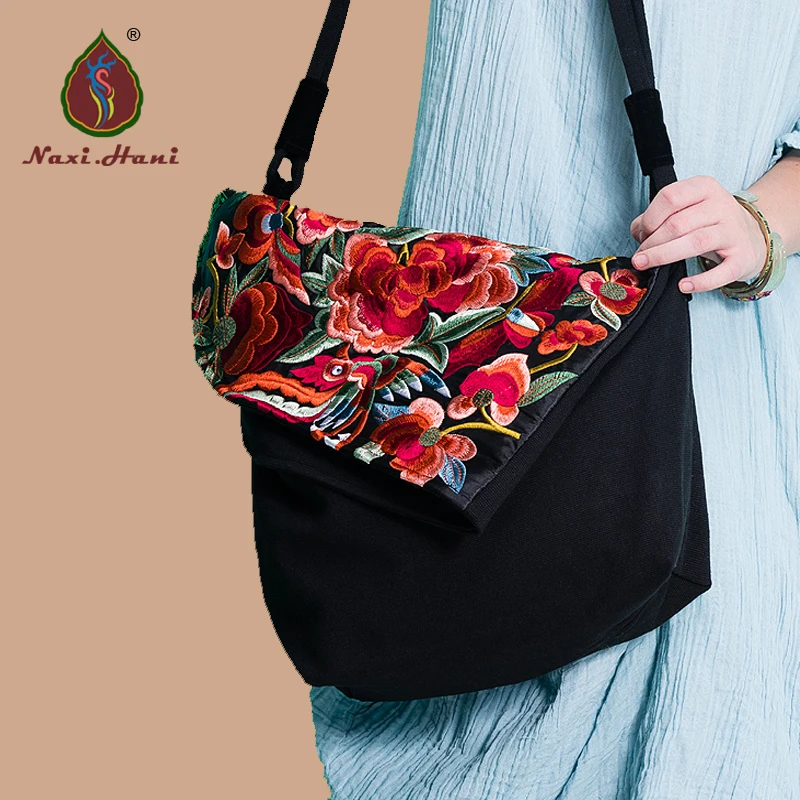 

Naxi.Hani Original bag Black Floral canvas bag Embroidery cover Women handbags Fashion vintage shoulder messenger bags