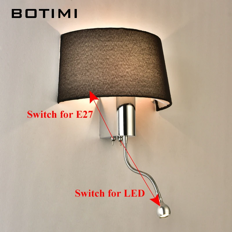 BOTIMI Modern LED Wall Light With Fabric Lampshade For Bedroom Bedside Applique murale luminaire LED Warm Light Wall Sconce