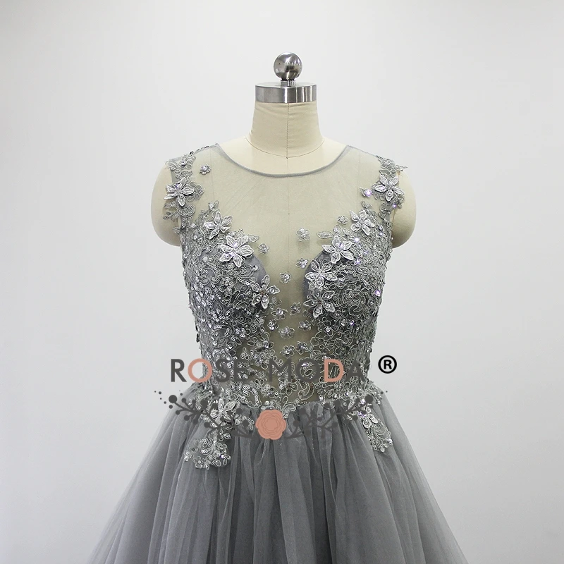 Vestido de noche de encaje con flores en 3D, color gris y plateado, color rosa, largo, para fiesta, fotos reales