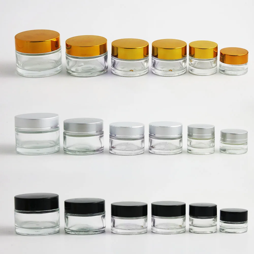 10pcs/lot  5g 10g 15g 20g 30g 50g Clear Glass Cream Container  Jar with Gold Silver Black Cap Transparent Glass Cosmetic Case
