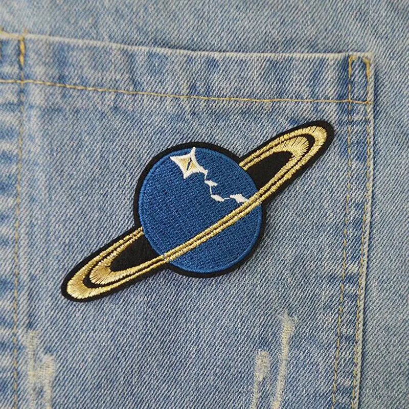 AHYONNIEX Brand Blue Saturn Space Planet Patches Iron On Repair Embroidery Badge Clothing Sticker Paste