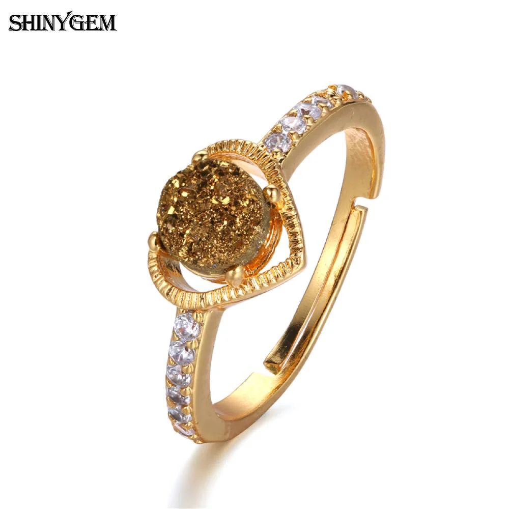 

ShinyGem Classic Gold Plating Love Heart Rings Retro Thin Cubic Zircon Wedding Rings 8 Color Druzy Natural Stone Rings For Women