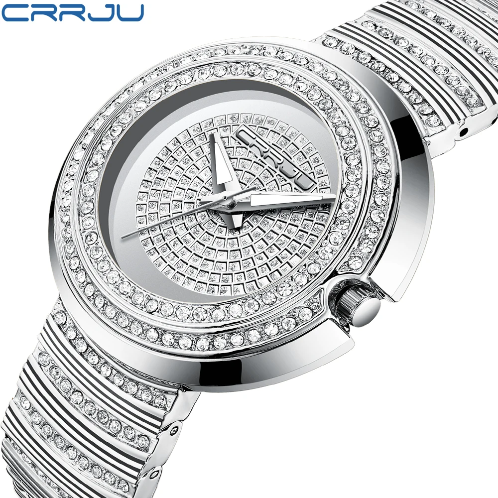 CRRJU Women's Fashion Casual Analog Quartz Watches Diamond Rhinestone Crystal Bracelet WristWatch Feminino Gift clock