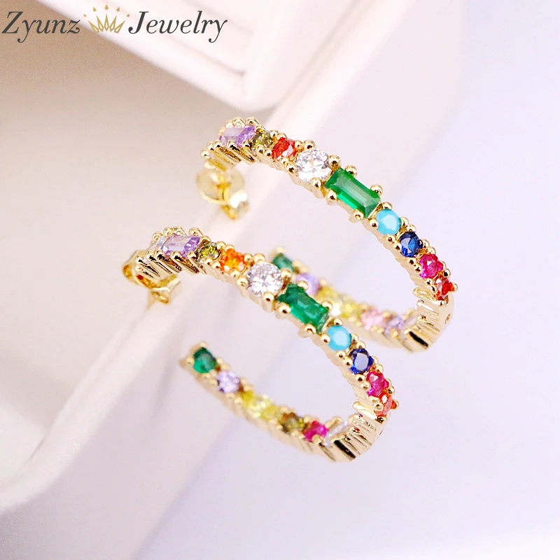 

6Pairs, Cz Micro Pave Crystal Rainbow Fashion Gold Color Circle Earring Studs Multicolor Zirconia For Women Girls Party Jewelry