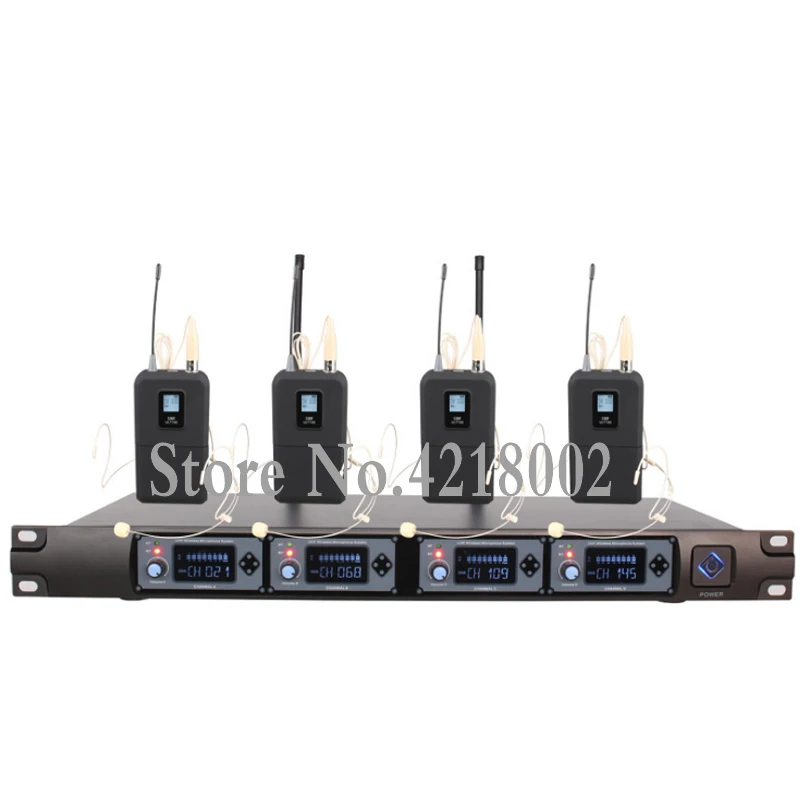 

UHF Wireless Stage Microphone System 4 Channel 4 Headset Microphone Mic Headset With Receiver