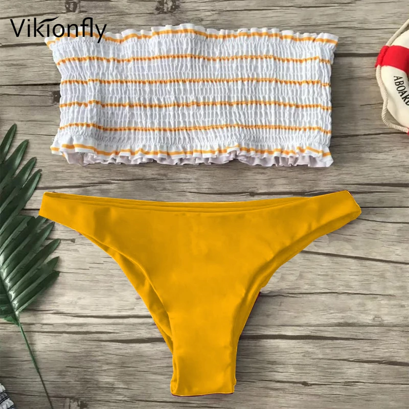 Vikionfly Strips Bandeau Bikini Women Swimsuit 2021 Sexy Brazilian Swimwear Strapless Bathing Suit Swimming Wear For Ladies