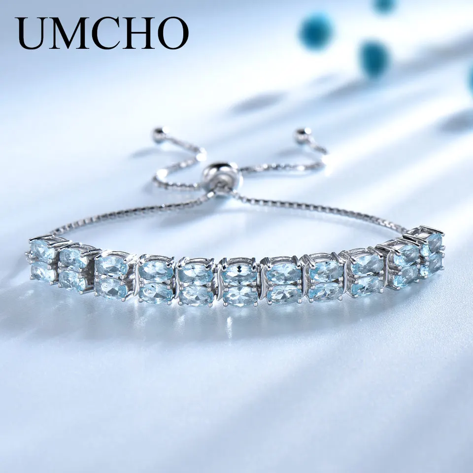 UMCHO Natural Sky Blue Topaz Gemstone Silver Bracelets for Women Genuine 925 Sterling Silver Adjustable Charm Party Fine Jewelry