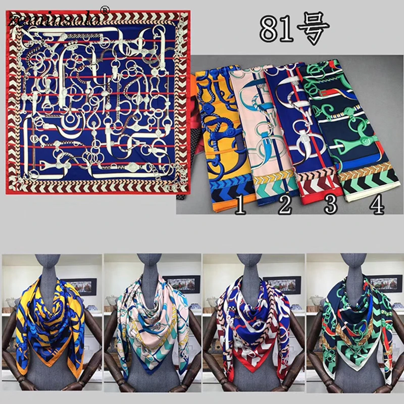 100% Twill Silk Scarf Scarves For Women Hijab Design Print Chain Square Silk Scarves Shawls 130*130cm 2019 Female Bandana Wraps