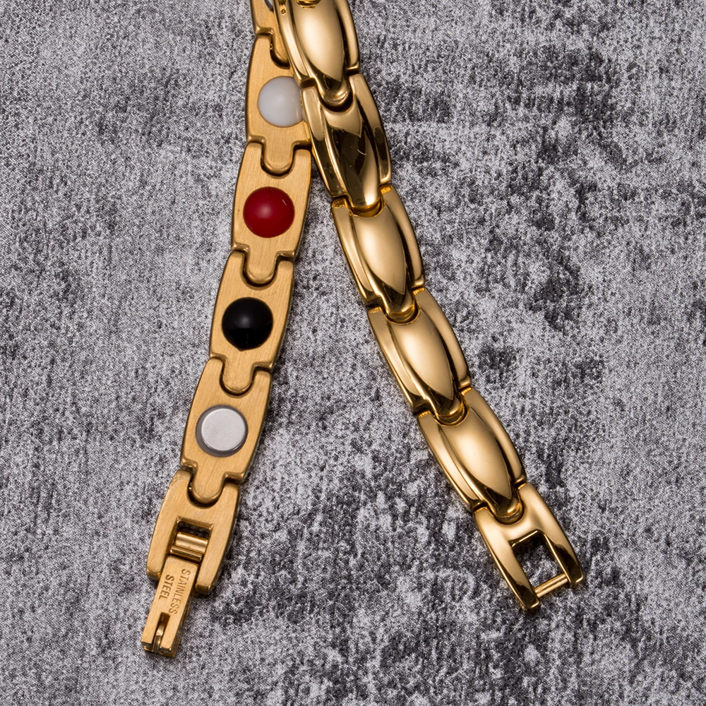 Vinterly Energy Magnetic Bracelets for Women Gold Color Crystal Chain Link Bracelets Stainless Steel Germanium ID Bracelet Femme