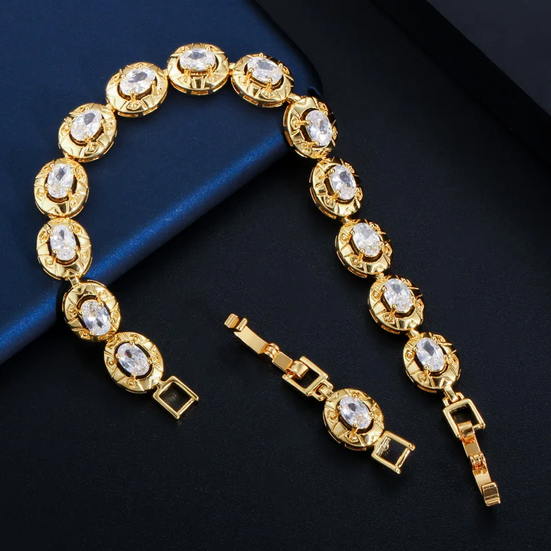 CWWZircons Elegant Dubai Yellow Gold Color Oval Cubic Zirconia Tennis Bracelet for Women Wedding Party Jewelry Accessories CB196