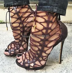 Newest Women Open Toe Straps Cross Stiletto Thin Heel Gladiator Sandals Lace-up Brown Snakeskin High Heel Sandals Party Shoes