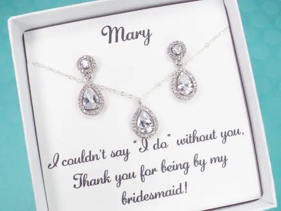 customize names cubic zirconia wedding Bridesmaid teardrop Earrings and necklace sets Jewelry Sets proposal gifts note-cards