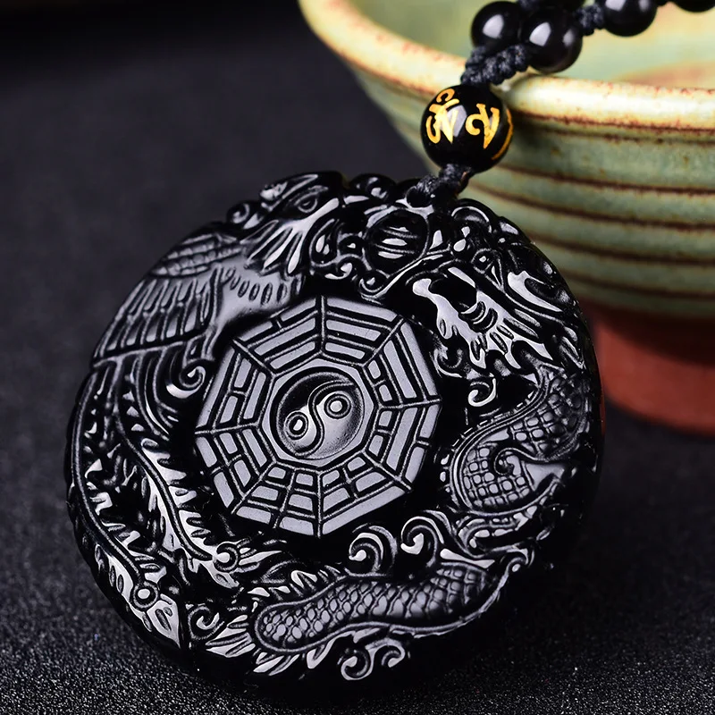 Drop Shipping Natural Black Obsidian Carving Dragon and Phoenix Necklace Pendant Obsidian BaGua Lucky Pendant Healing Reiki Gift