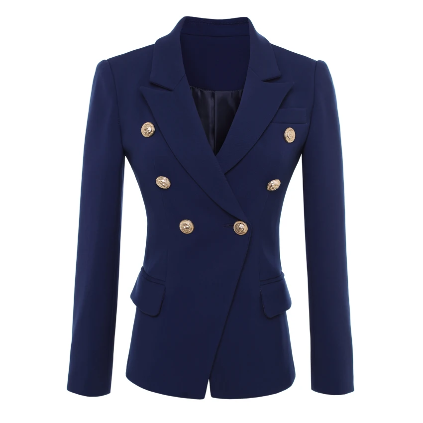 Blazer de peito duplo feminino, botões dourados, jaqueta azul marinho, casacos de alta qualidade, nova moda, 2021, tamanho S a 4XL