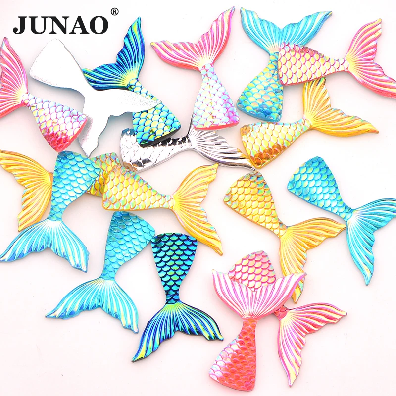 JUNAO 29*39mm 10pcs Colorful Mermaid Tail Decoration AB Rhinestone Applique Flatback Resin Crystal Stone Non Hotfix Strass