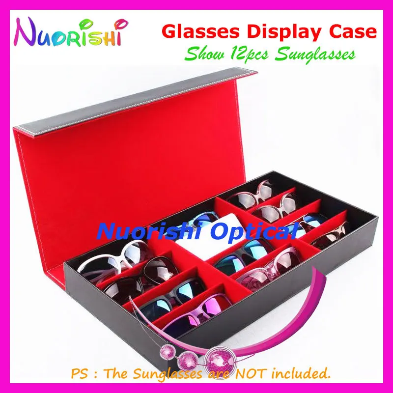 Holding 12pcs Eyewear Sunglasses Glasses Eyeglass Black Leather Storage Display Sample Case Box Tray A640-12S Free Shipping