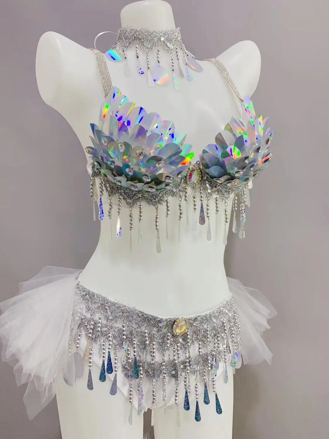 Belly Dance Set Dancer Competition Stage Performance Silver Scale Sequins Bikini Rave Outfit Nightclub Bar Party Costume