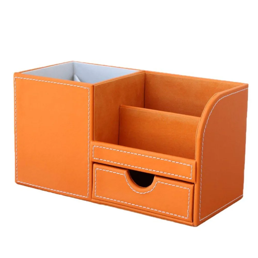 XRHYY Orange 3 Storage Compartments PU Leather Office Desktop Organizer Stationery Box Collection Business Card/Pen/Pencil