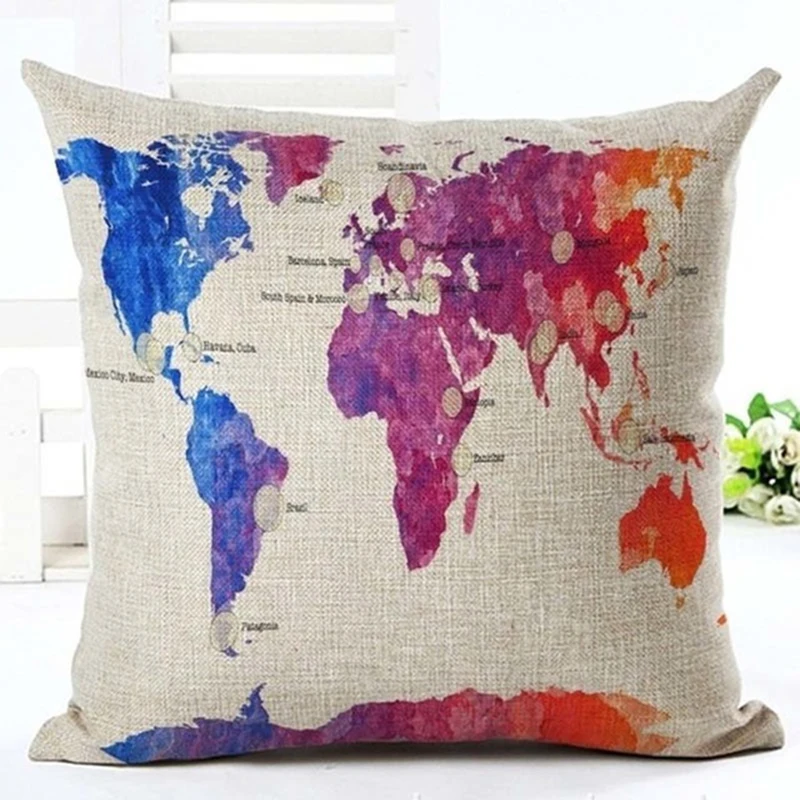 18 Inches Watercolor Vintage Style Cushion Cover World Map Pattern Cotton Polyester Pillow Cover Cushion Cover PillowCase Home D