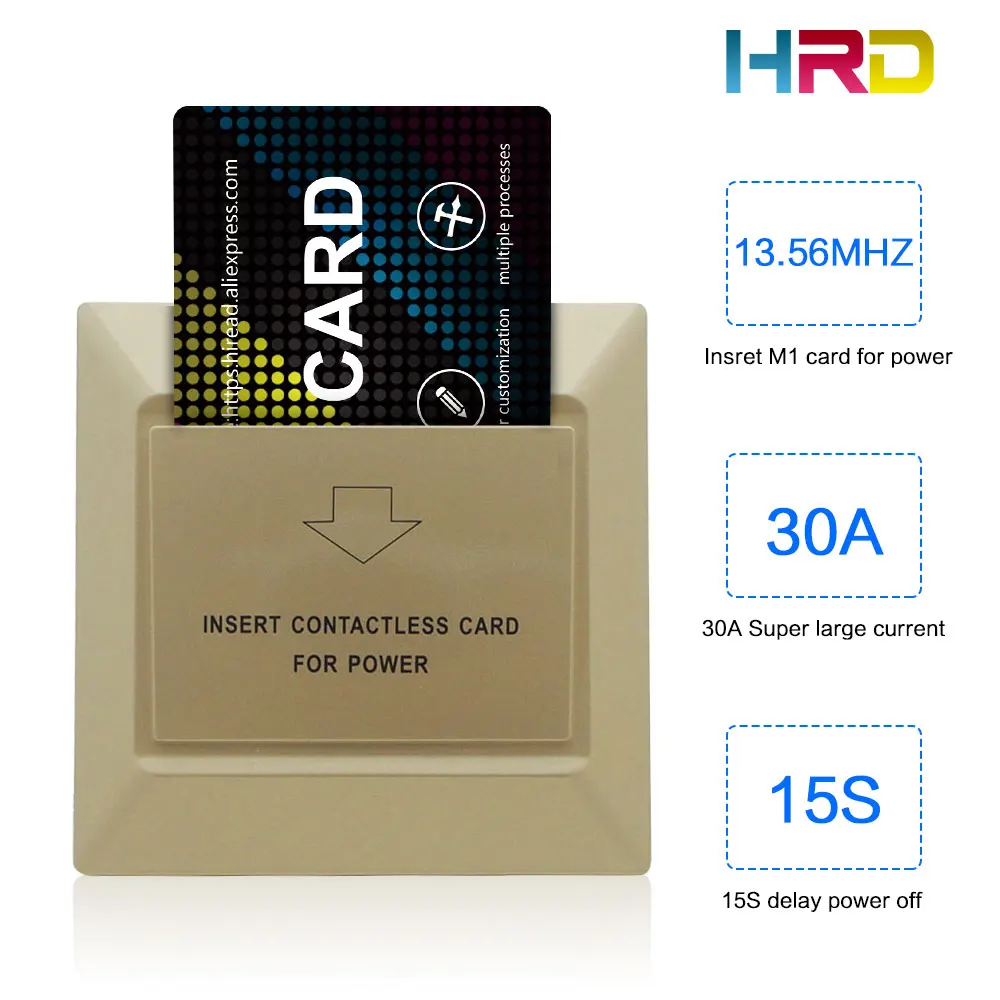 13.56MHz Card Switch 180~250V 30A Gold Plane Insert Card to Get Power Switch Used for Hotel/Motel/Office Room +2 card