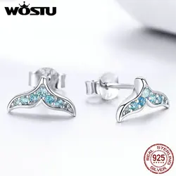 WOSTU Mermaid Tail Fishtail Stud Earrings 925 Sterling Silver Blue Zircon Tiny Earrings For Women Girls Lovely Jewelry FNE058