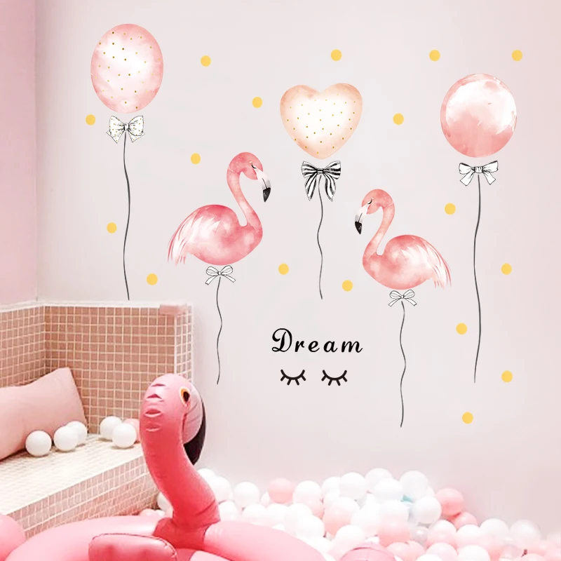 Dormitory Girl Room Decoration Flamingo Balloon Pink Wall Stickers Warm Bedroom Home Decor DIY Self-adhesive Wardrobe Stickers