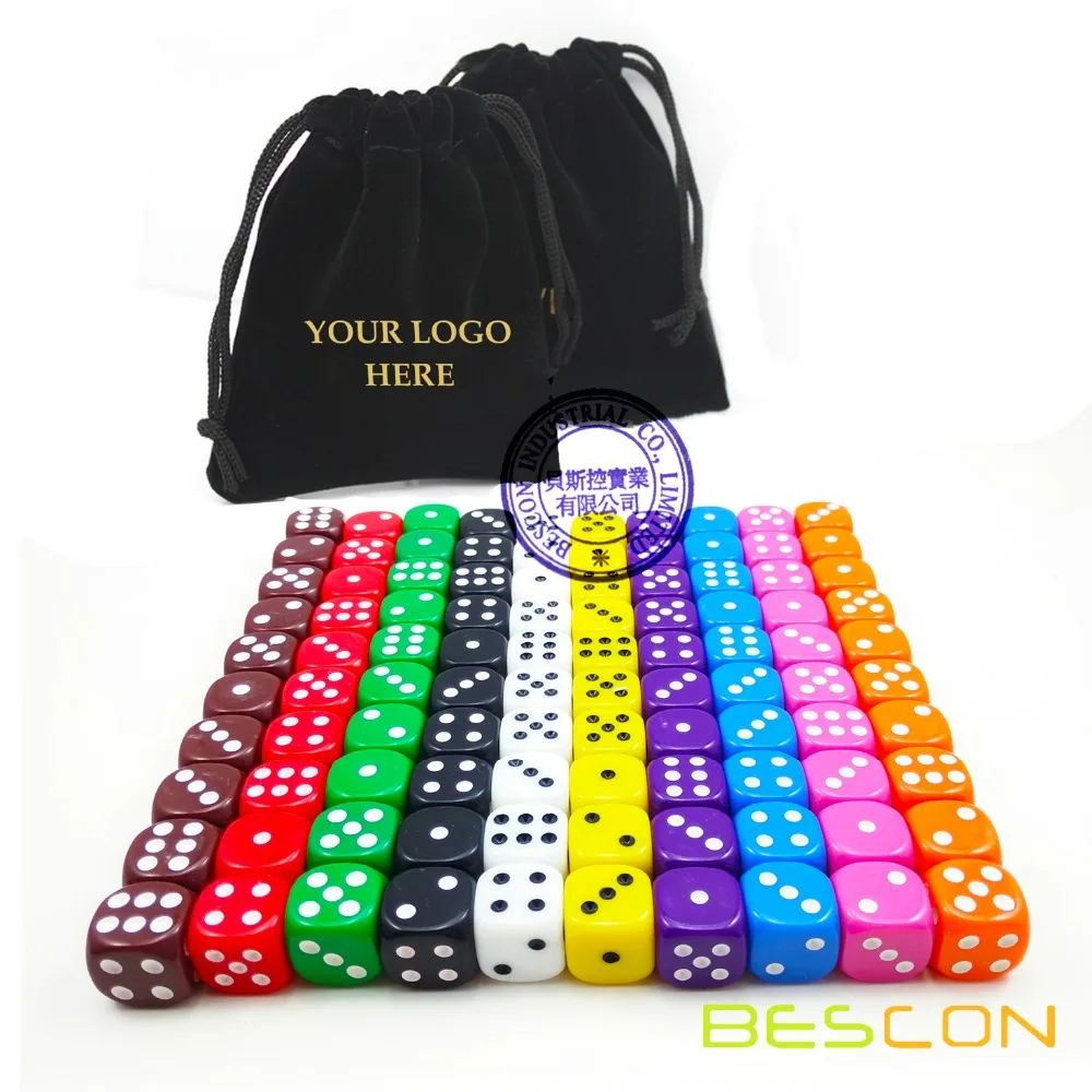 

Bescon Multi-Colored 16MM Game Dice Pack of 100pcs 10 Assorted Different Colors - Black Velvet Bag