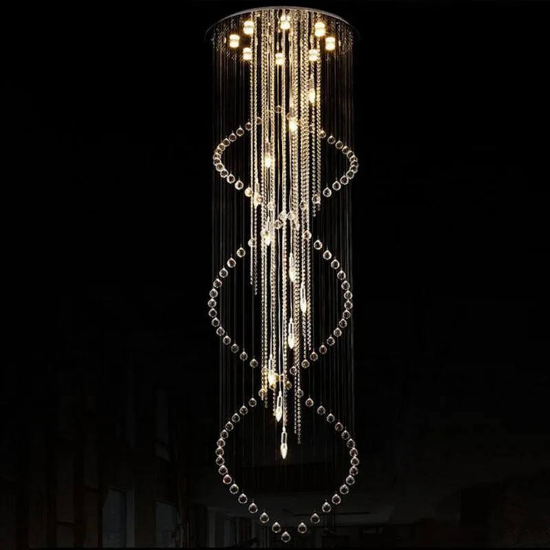 LED Crystal Pendant Light Large Size Spiral Long Modern Stair Foyer Fixture Hotel Villa Lamp