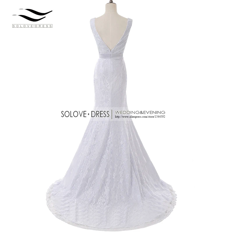 Solovedress pleat v 목 인어 공주 웨딩 드레스 2019 우아한 레이스 비치 신부 가운 vestido de noiva chaple train SLD-W81