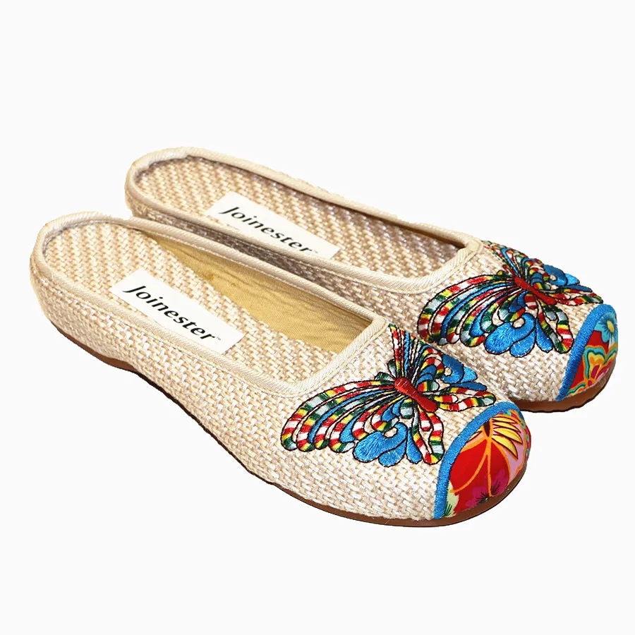 Women Canvas Slippers Embroidery Women\'s Slides Ethnic Style Leisure Slides Round Toe Casual Shoe Ladies Slip-on Beach Sandal