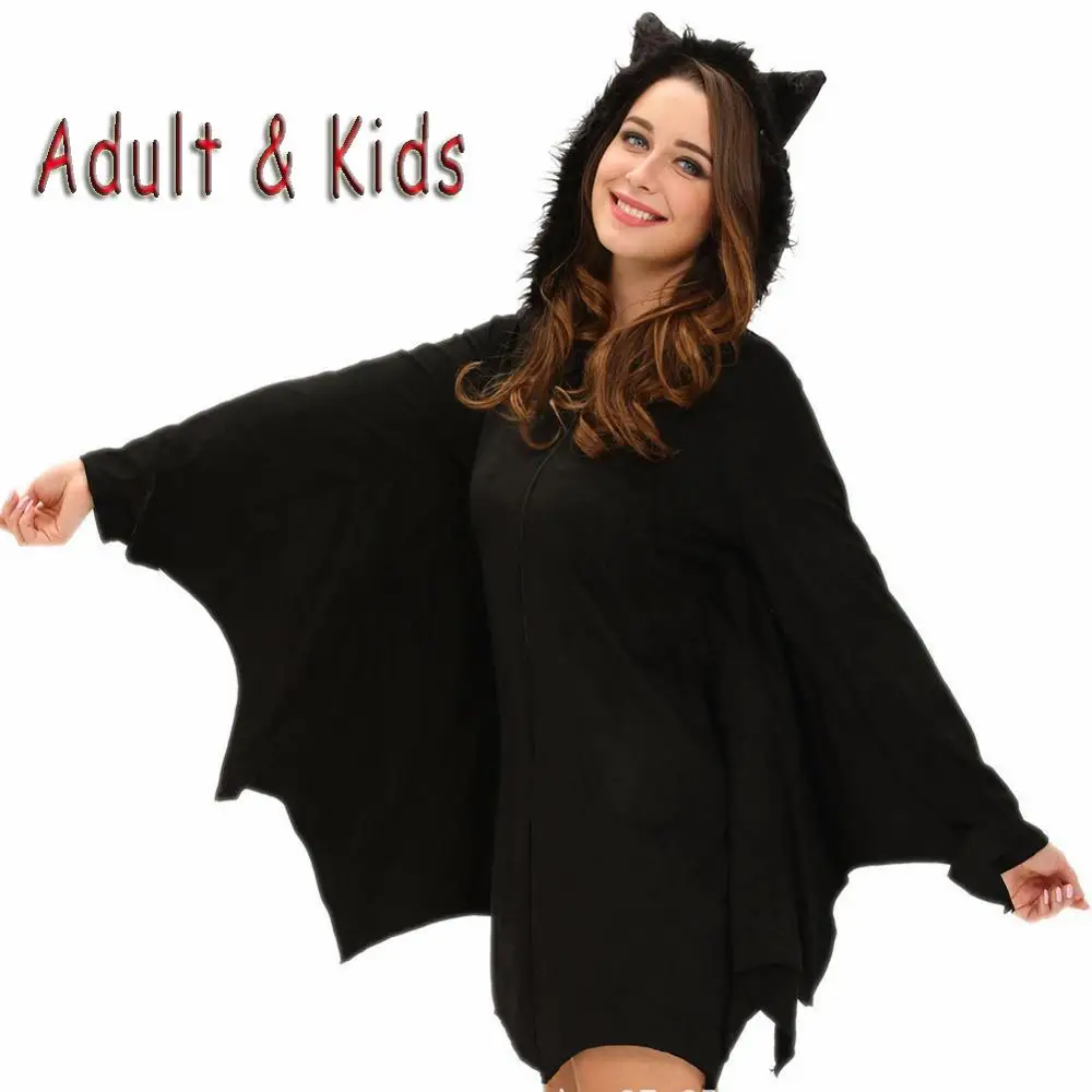 

Women Girls Halloween Bat Costume Fluffy Animal Cosplay Anime Hoodie With Ears Wings Mother Daughter Vampire Costume Fancy Dress