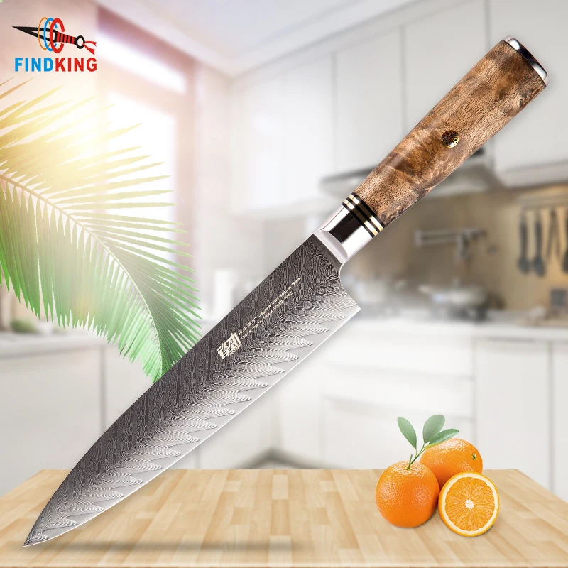 FINDKING New AUS-10 Damascus Steel Sapele Wood Handle Arrow Pattern damascus Knife 8 inch Chef knife 67 layers kitchen knives