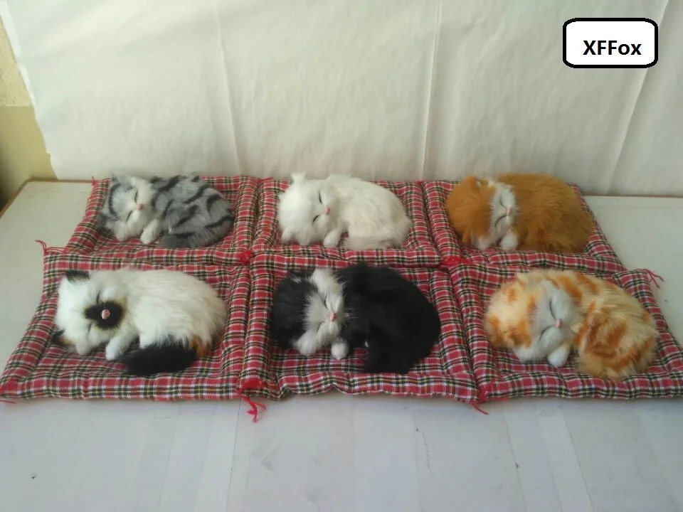 

6 pieces a lot real life sleeping cat models on a mat plastic&furs simulation cat dolls gift about 13x10cm xf1227