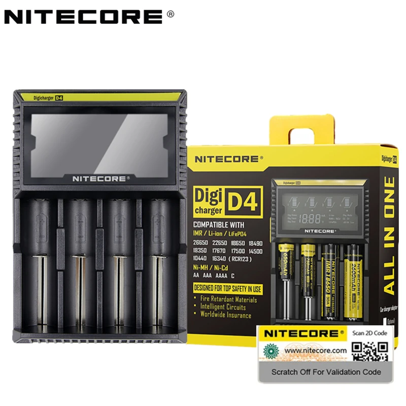 100% Original Nitecore D4 Battery Charger LCD Intelligent Charger Li-ion 18650 14500 16340 26650 AAA AA 12V Battery Charger