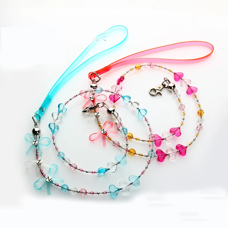 Transparent  Dogs Collar+Leash Set Clear Crystals Pets Walking Lead  With Bow S M L Pink Blue