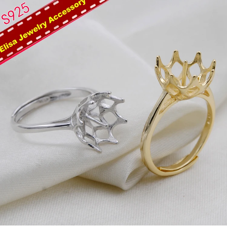 S925 Sterling Silver Simple Crown Design Pearl Rings Settings Women DIY Pearl Rings Components Silver&Gold Color 3Pieces/Lot