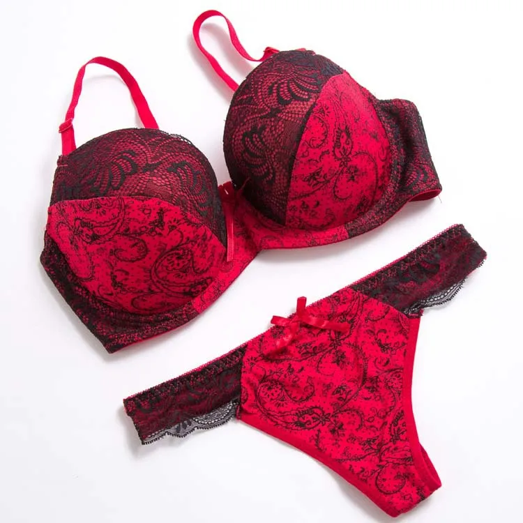 Soutien-gorge en dentelle rouge et noir pour femmes, ensemble de Lingerie Sexy, sous-vêtements imprimés, grand buste 34-42 C D E FG Cup, intimes, soutien-gorge Push up B3