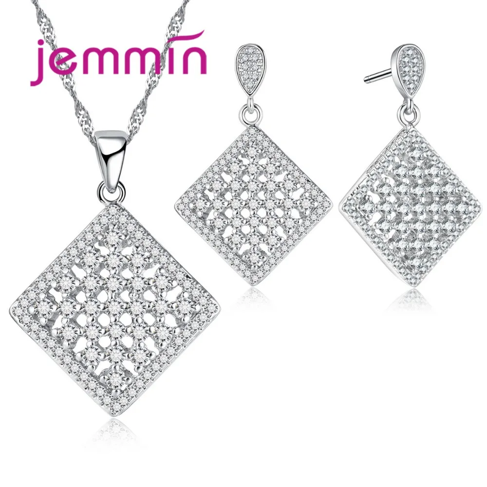 Fashion Square Shaped Jewelry Sets with Micro CZ Crystal Pave 925 Sterling Silver  Pendant Necklace & Earrings Sets