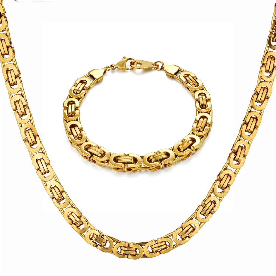 Hip Hop Byzantine Box Chain Set Gold Color Solid Stainless Steel Jewelry Sets For Men/Women 2019 Hot Sale RU Necklace & Bracelet