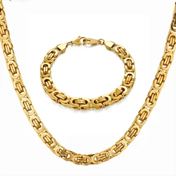 Hip Hop Byzantine Box Chain Set Gold Color Solid Stainless Steel Jewelry Sets For Men/Women 2019 Hot Sale RU Necklace & Bracelet