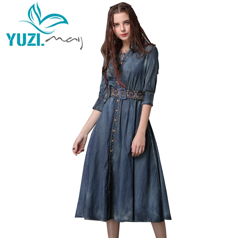 

Summer Dress 2018 Yuzi.may Boho New Denim Women Dresses V-Neck Three Quarter Sleeve A-line Swing Hem Belted Vestidos A82083