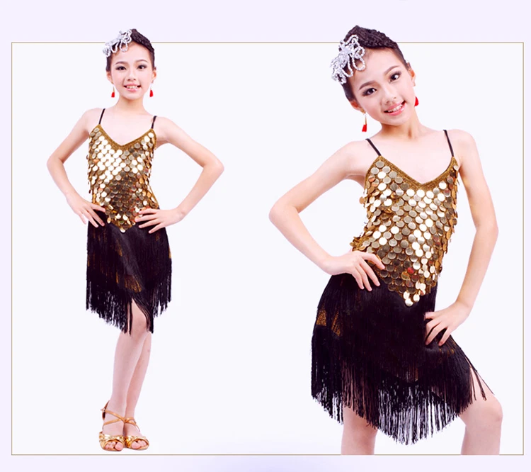 Con paillettes Fringe Vestito Dei Bambini del Vestito Vestito Da Ballo Latino Ragazza Ragazze Sala Da Ballo Latino Concorso di Danza Abiti per bambini/Salsa/Tango/Cha cha