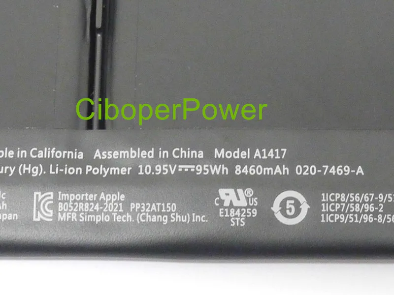 10.95V 95WH A1417 Battery for 15