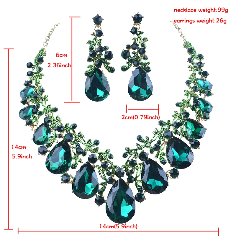 Women Party Crystal Jewelry Sets Statement Fashion Green Color Water Drop Style Bridal Wedding Necklace And Earrings Top Gift