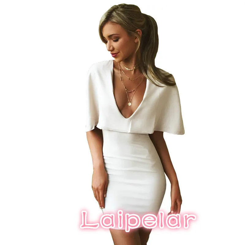 

Sexy Club Summer Dress Female White Low Chest V-neck Cloak Short Sleeve Mini Solid Slim Fit Women Bodycon Dresses Vestidos