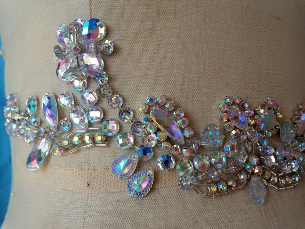 ZBROH Free shipping hand made  crystal patches  sew on clear AB colour Rhinestones applique  32*8cm for top dress belt